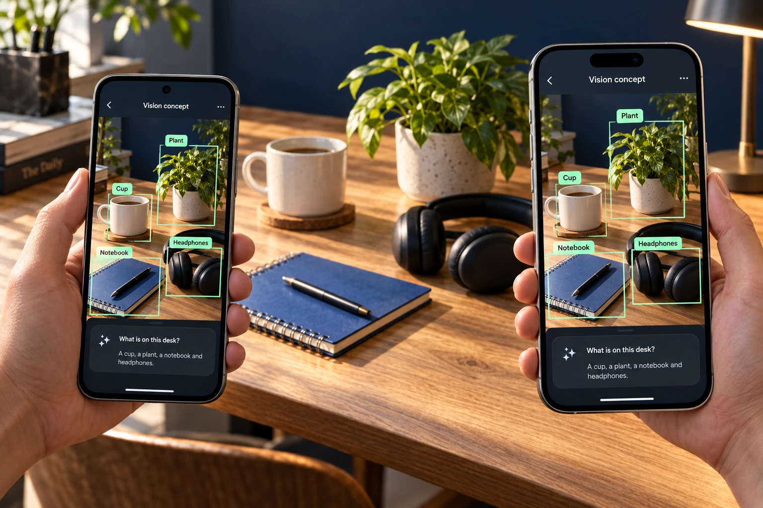 Invented Android and iPhone vision experience highlighting everyday objects and answering a question about the scene; the iPhone Dynamic Island is visible.