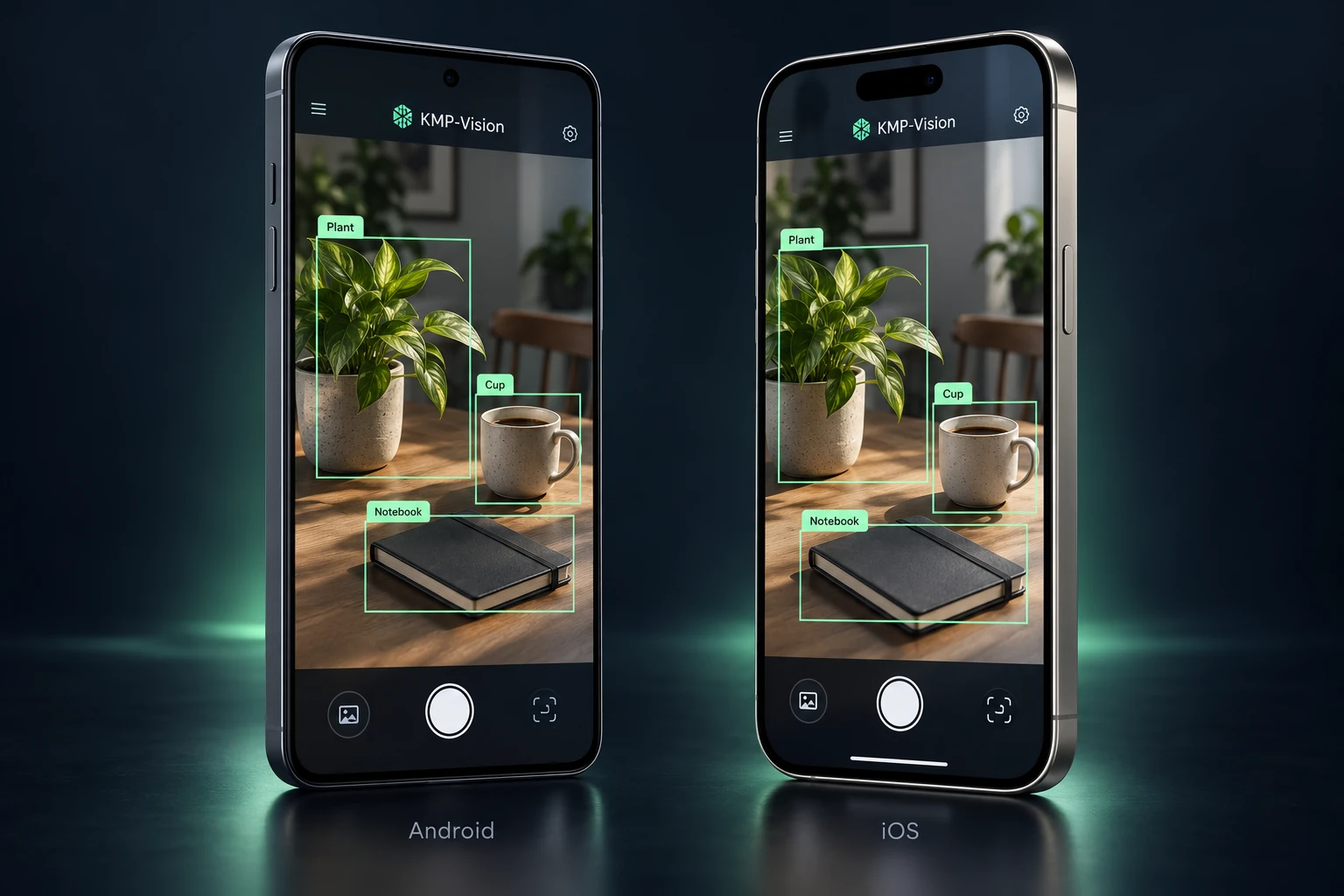 Concept illustration of an Android phone and an iPhone with Dynamic Island identifying a plant, cup, and notebook.