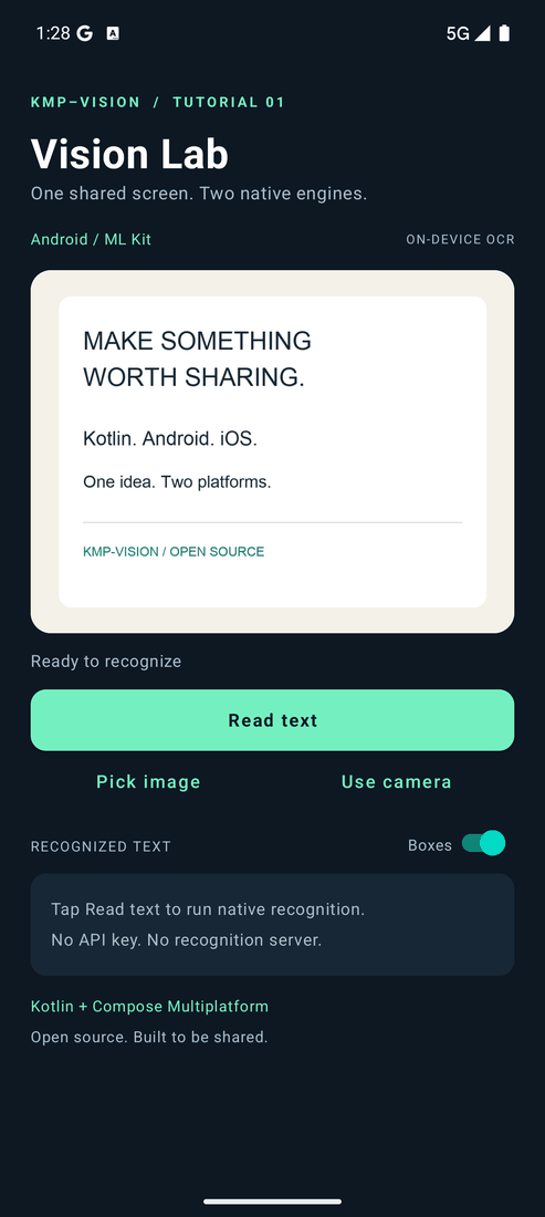 Recorded Android tutorial: load the sample image, run native OCR, and display recognized text and boxes.