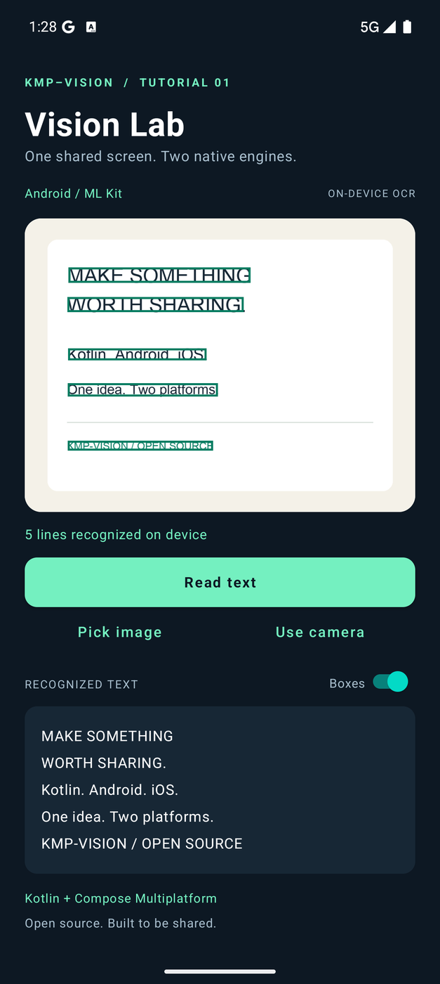 Vision Lab before and after native text recognition on Android